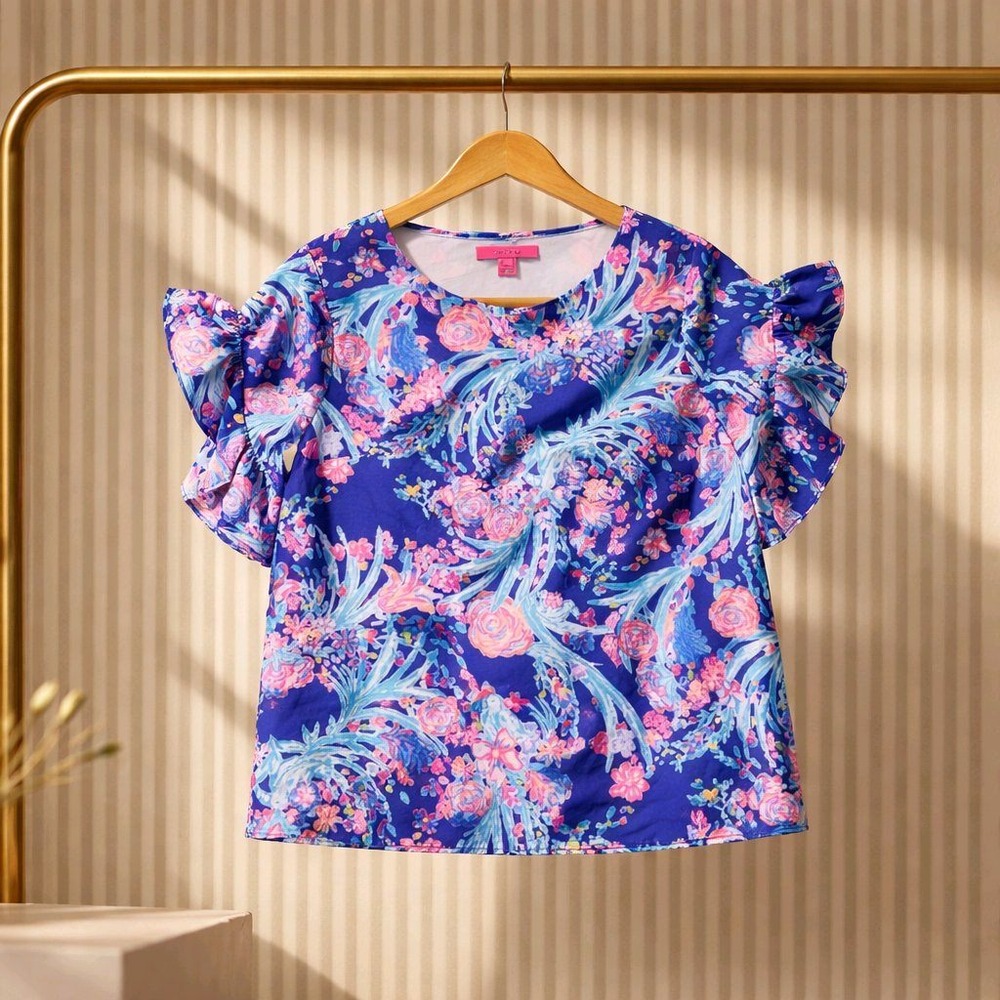 Lilly Pulitzer Top Floral Parrot Ruffle Sleeve Preppy Vacation Resortwear Small